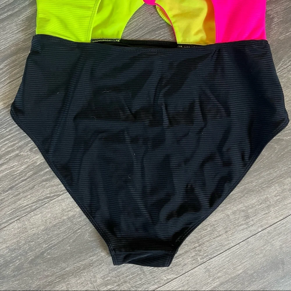 No boundaries Highlighter Neon Yellow Pink Black Tie Front One Piece Swimsuit L